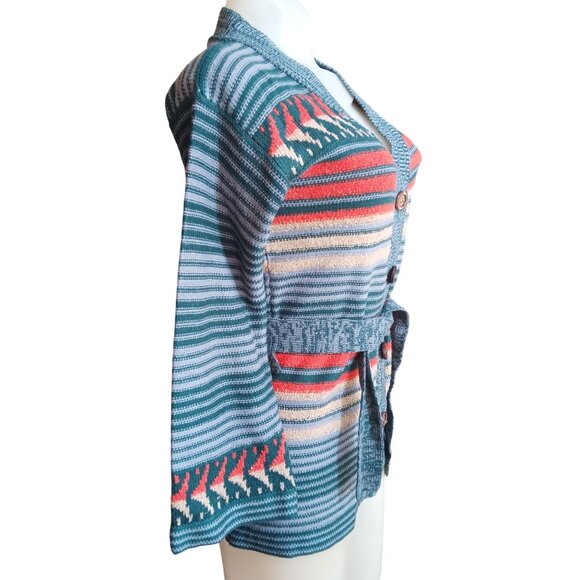 Vintage True Boho Jantzen Striped Knit Cardigan Belted Waist Wooden Buttons 70's - Picture 4 of 7